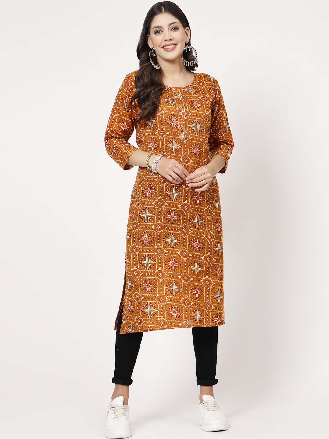 

KALINI Ethnic Motifs Printed Gotta Patti Straight Pure Cotton Kurta, Brown