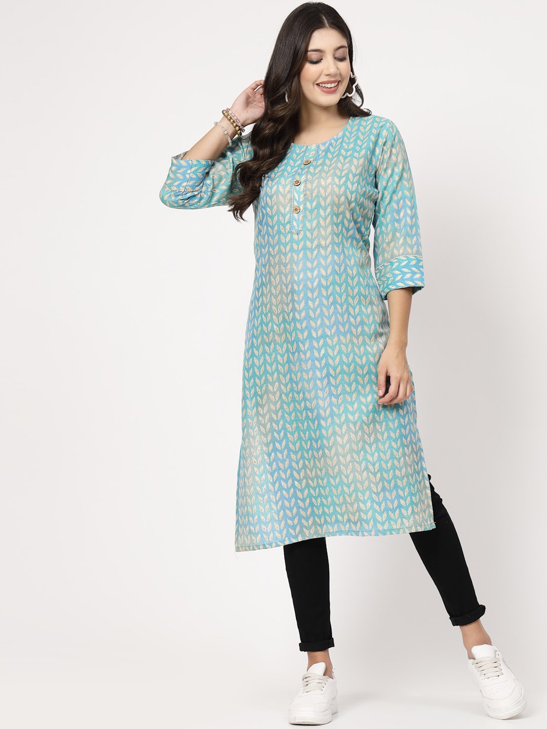

KALINI Floral Printed Straight Cotton Kurta, Blue