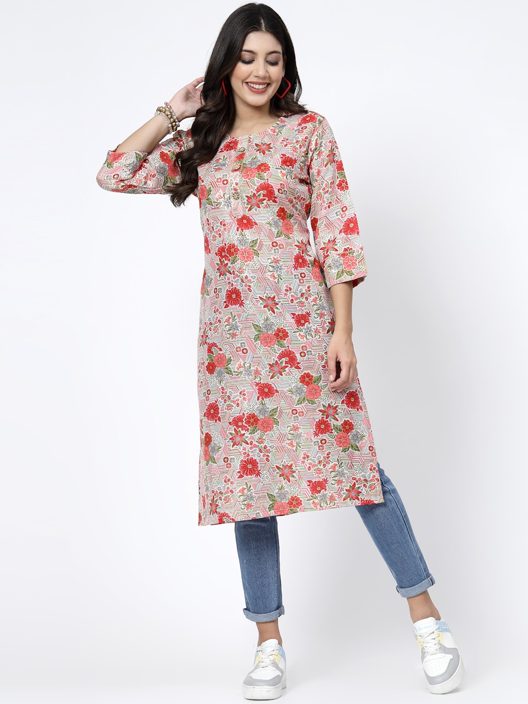 

KALINI Floral Printed Round Neck Pure Cotton Kurta, Pink