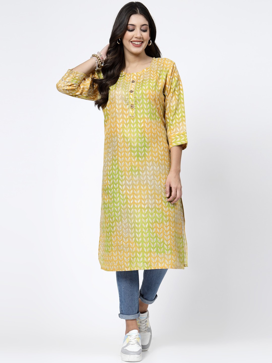

KALINI Conversational Printed Round Neck Cotton Kurta, Yellow
