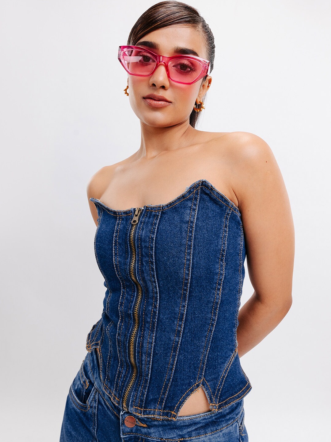

FREAKINS Cotton Strapless Denim Opaque Top, Blue