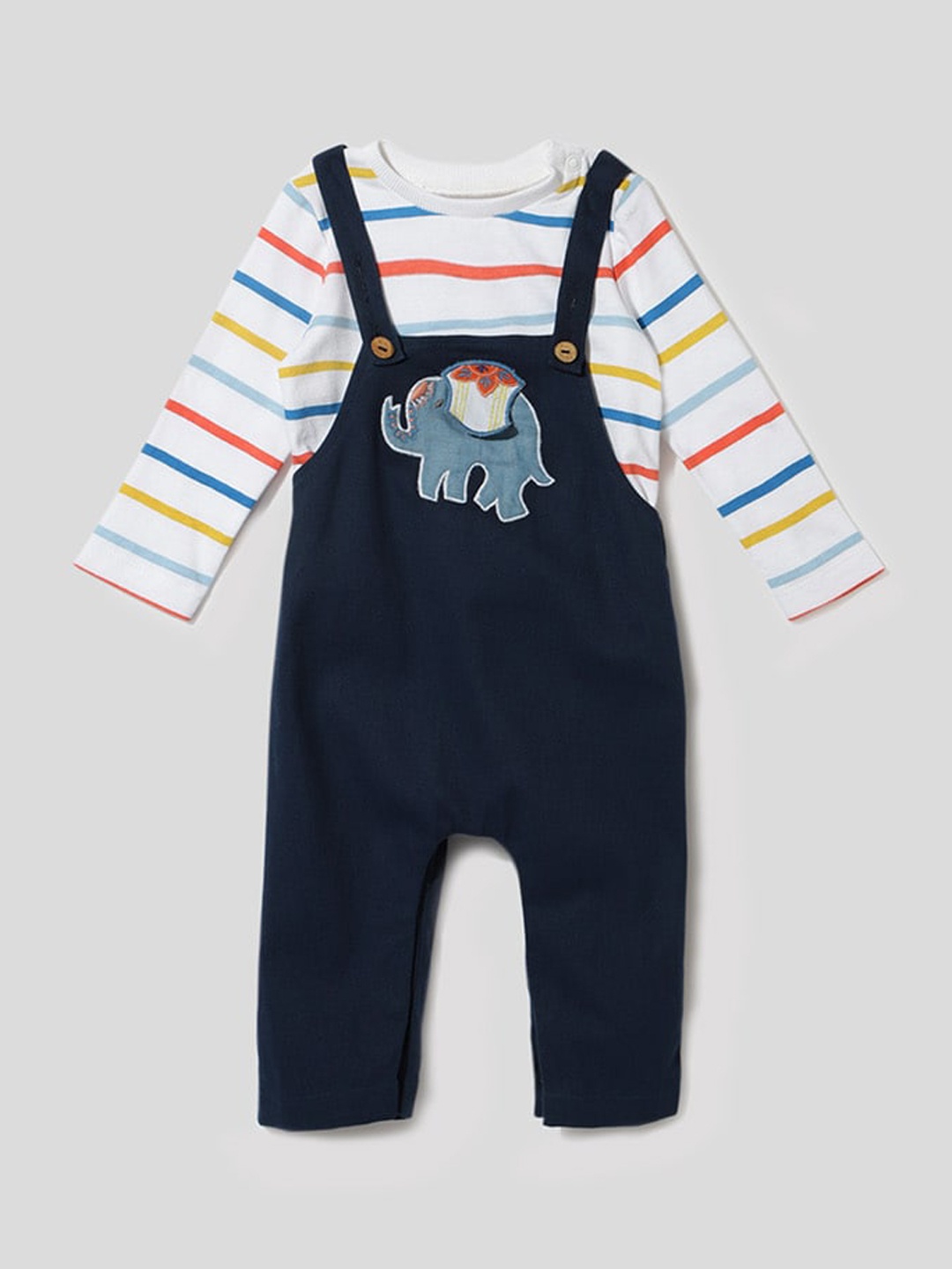 

Somersault Boys Printed Cotton Dungaree With Striped T-Shirt, Navy blue