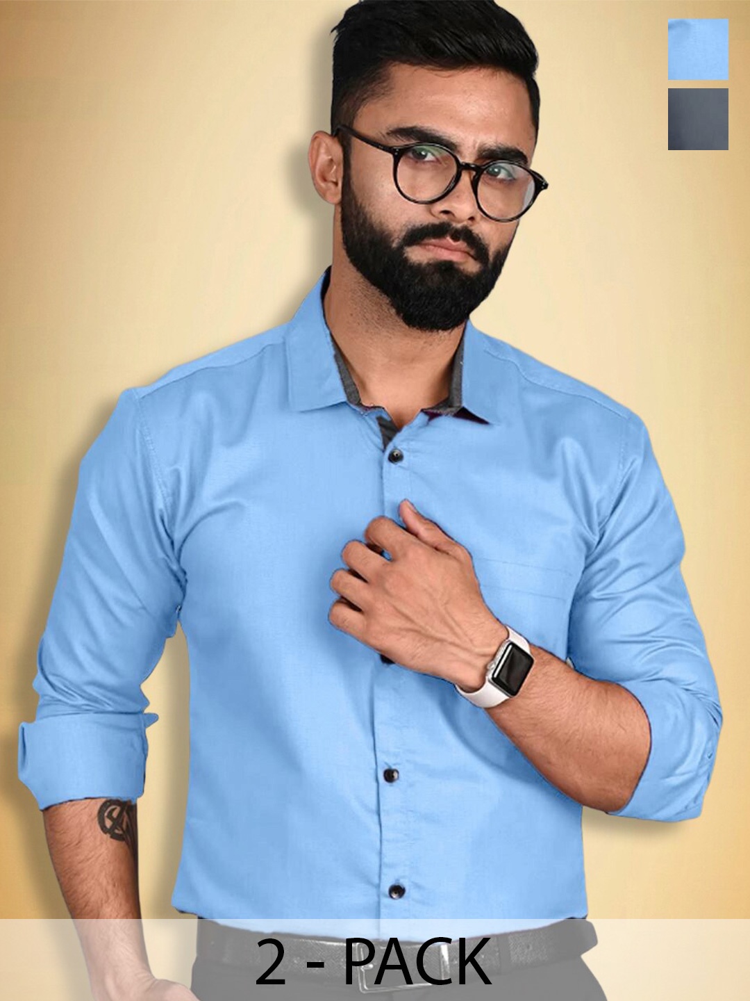 

Ethnic basket Pack Of 2 Cotton Spread Collar Curved Formal Shirt, Blue