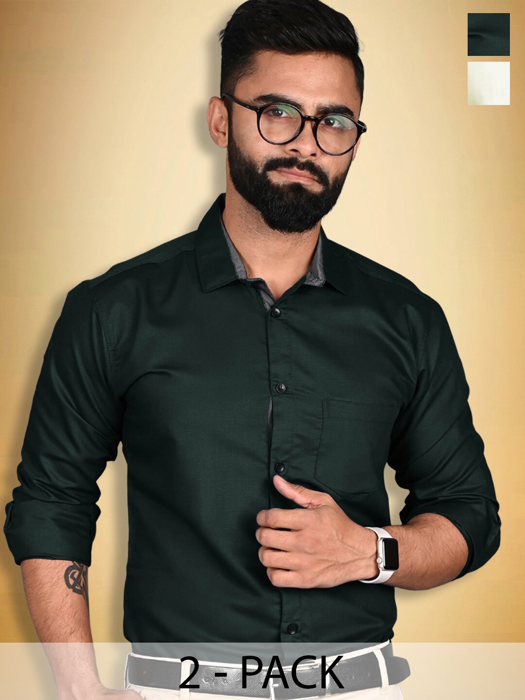 

Ethnic basket Pack Of 2 Cotton Spread Collar Curved Formal Shirt, Green