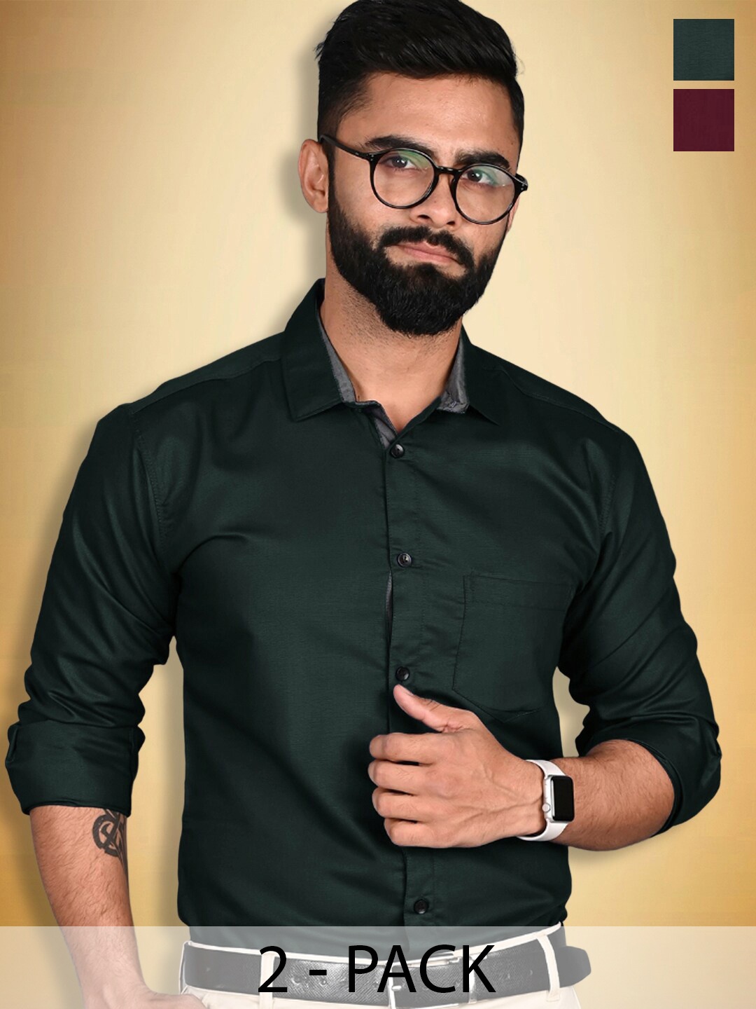 

Ethnic basket Pack Of 2 Standard Opaque Cotton Formal Shirts, Green