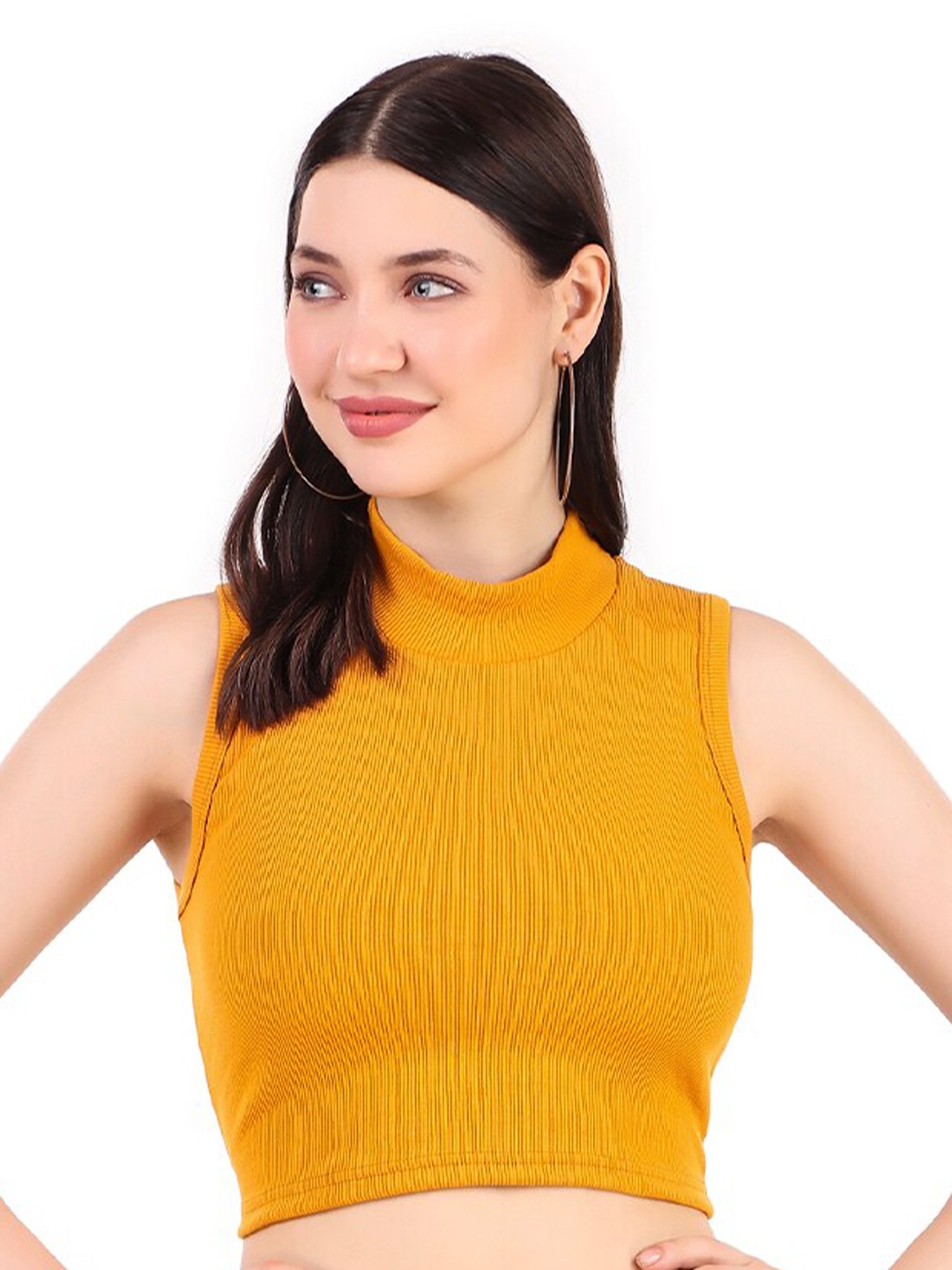 

BAESD High Neck Cotton Fitted Crop Top, Mustard