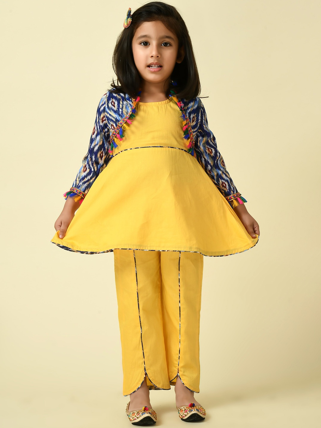 

BAESD Girls Pure Cotton Tunic with Trousers & Ikat Printed Bolero Jacket, Yellow