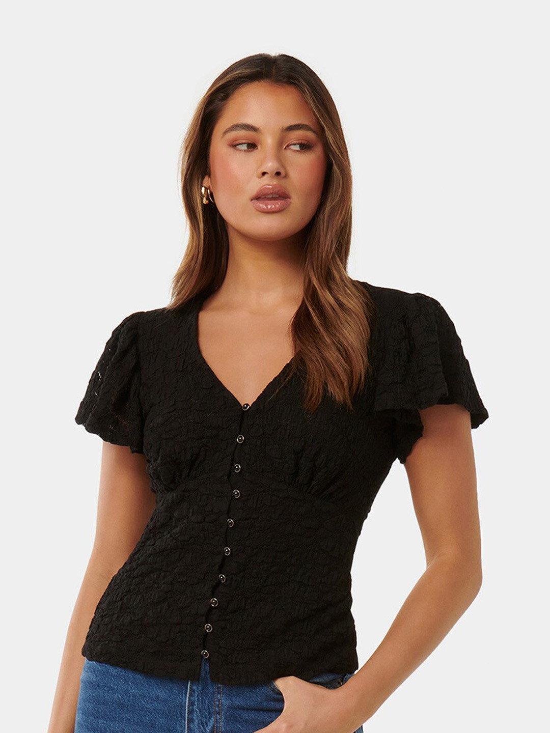 

Forever New Cotton Puff Sleeves Regular Opaque Top, Black
