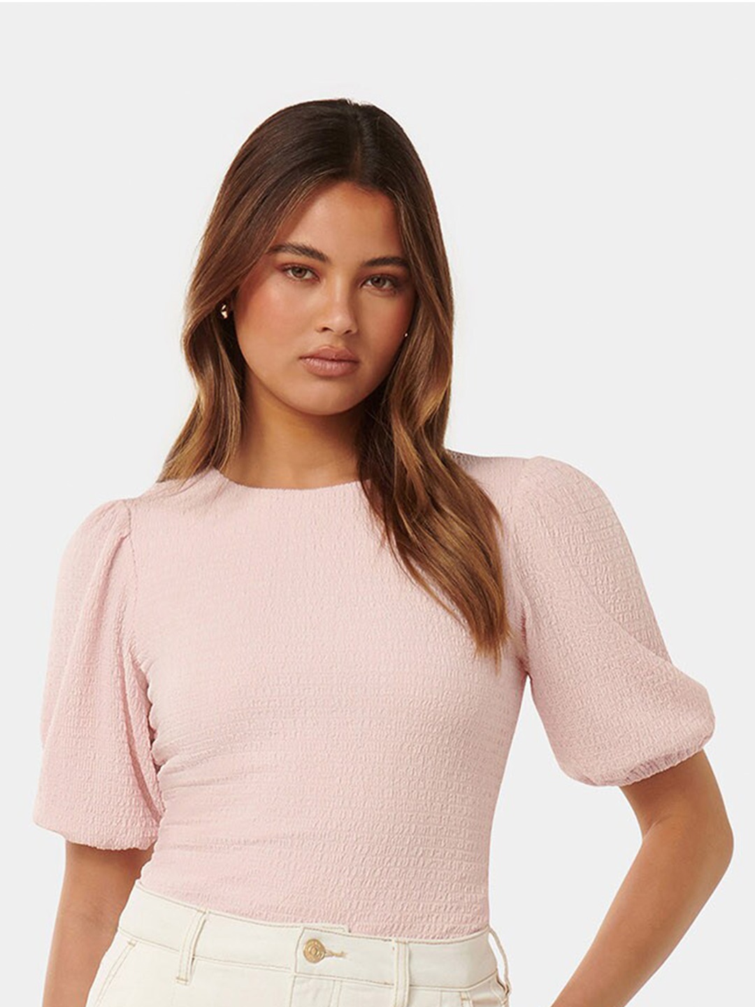 

Forever New Round Neck Puff Sleeves Opaque Fitted Top, Pink