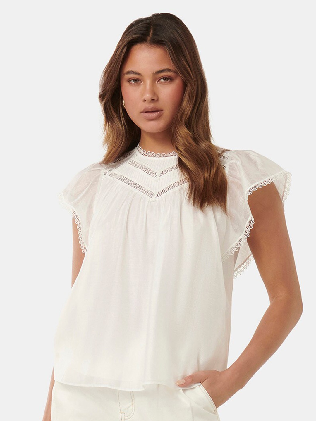 

Forever New Round Neck Flutter Sleeve Regular Opaque Top, White