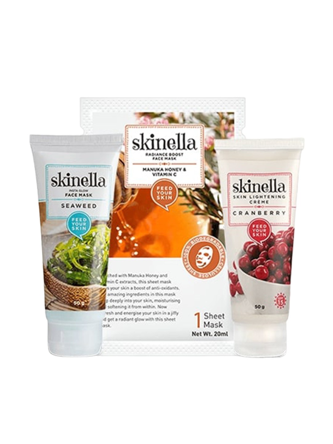 

skinella Feed Your Skin Set Of 3 Face Mask-50g-Sheet Mask-20ml-Skin Lightening Cream-50g, White