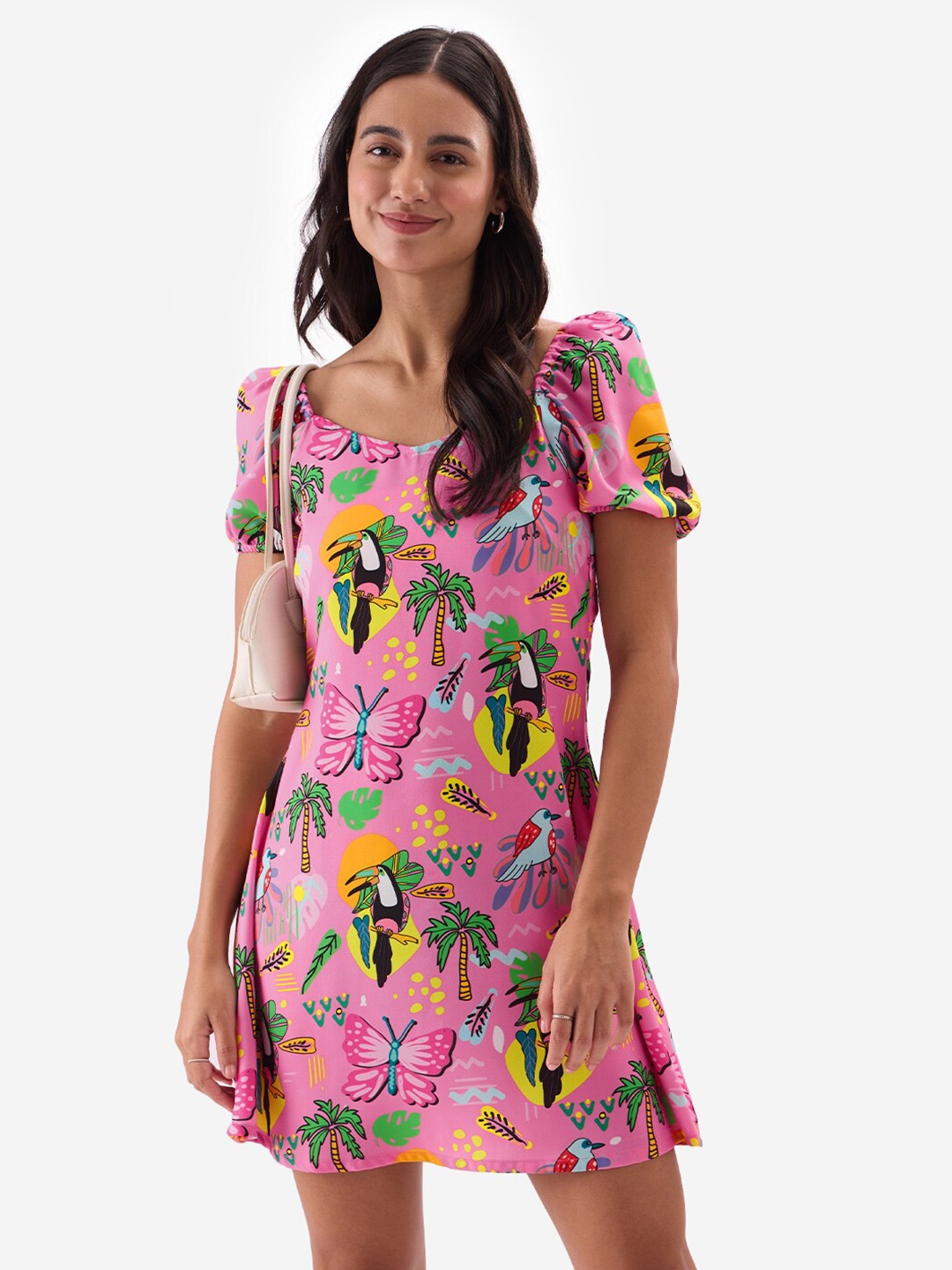 

The Souled Store Floral Printed Puff Sleeves A-Line Dress, Pink