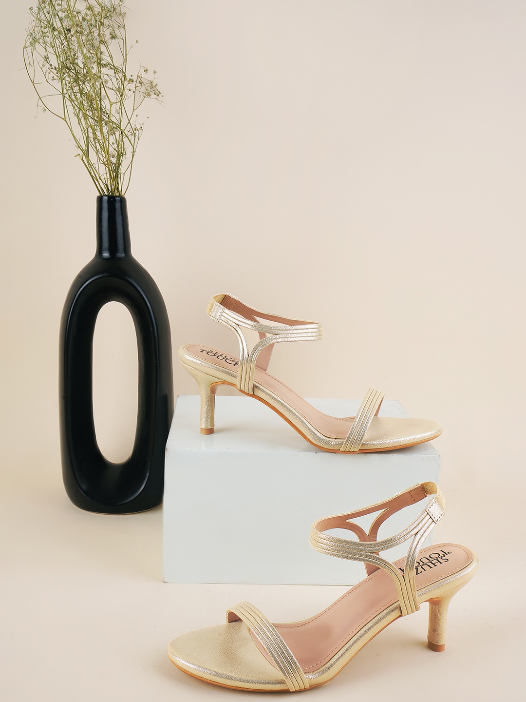 

SHUZ TOUCH Slim Heel Backstrap Sandals, Gold