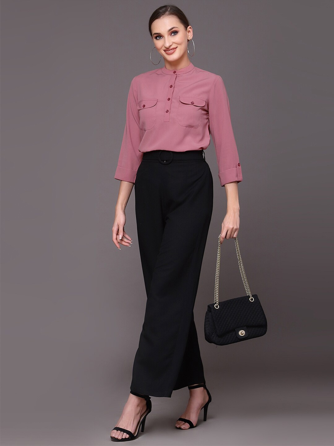 

Selvia Band Collar Roll-Up Sleeves Regular Fit Opaque Casual Shirt, Pink