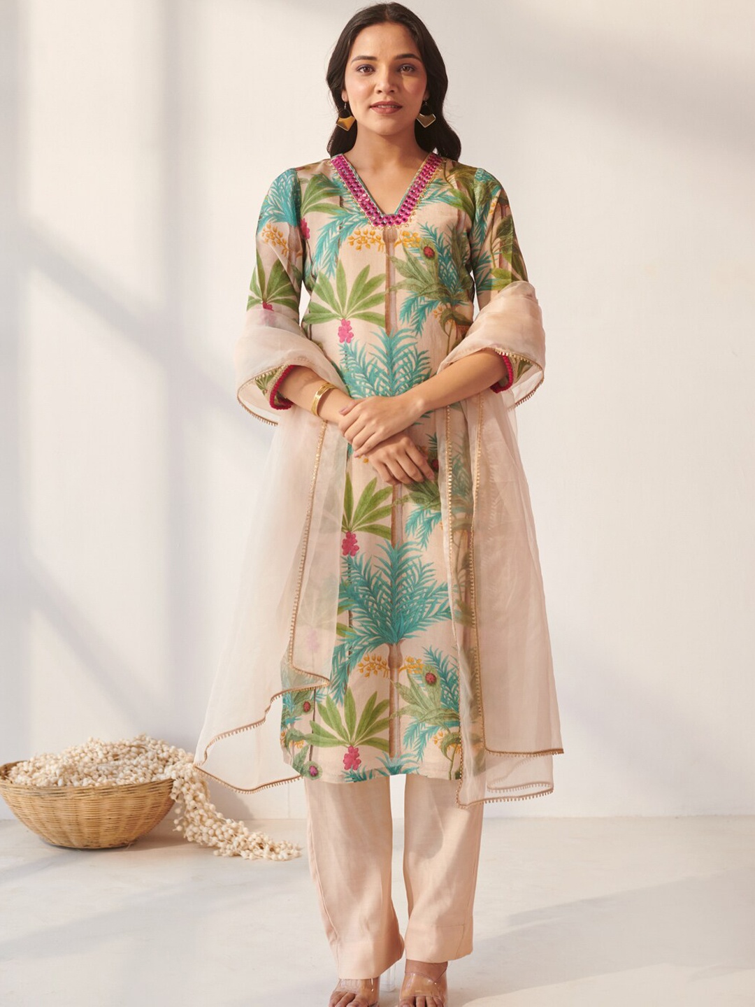 

Ambraee Floral Printed V-Neck Mirror Work Straight Kurta With Trousers & Dupatta, Off white