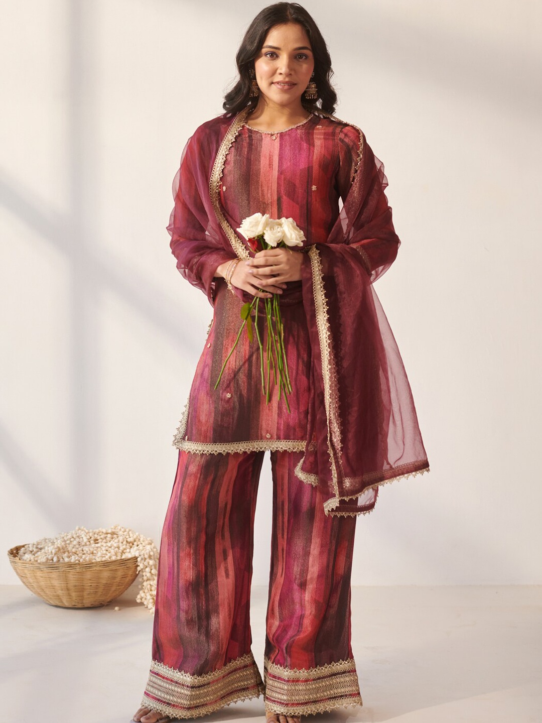 

Ambraee Printed Gotta Patti Round Neck Regular Sleeves Kurta With Palazzos & Dupatta, Magenta