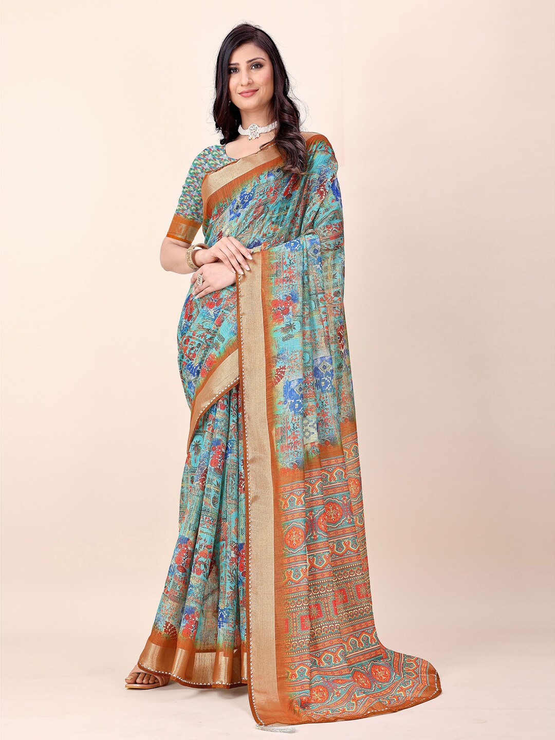 

KANOODA Ethnic Motifs Printed Zari Linen Saree, Mustard