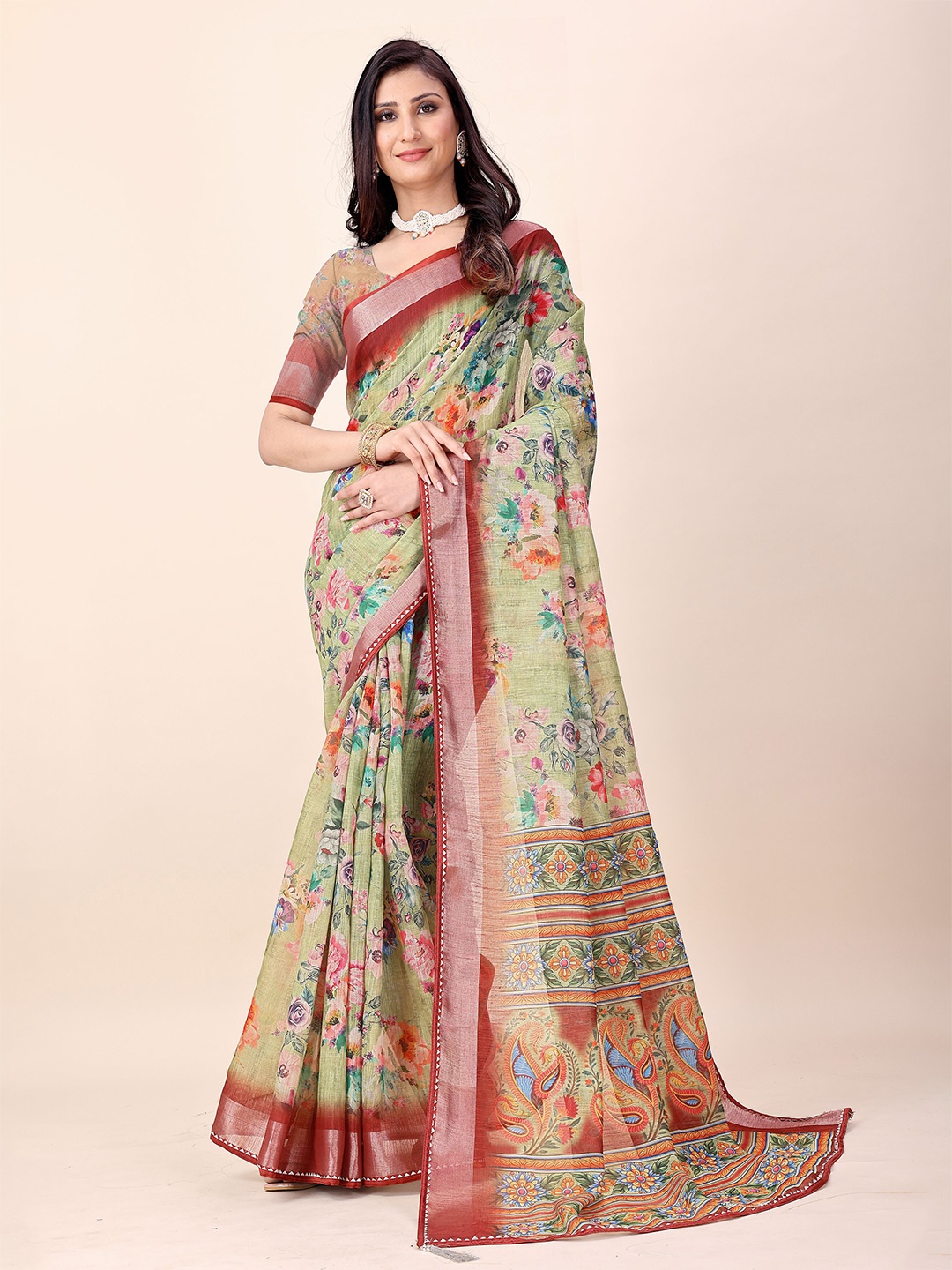 

KANOODA Floral Printed Zari Linen Saree, Brown