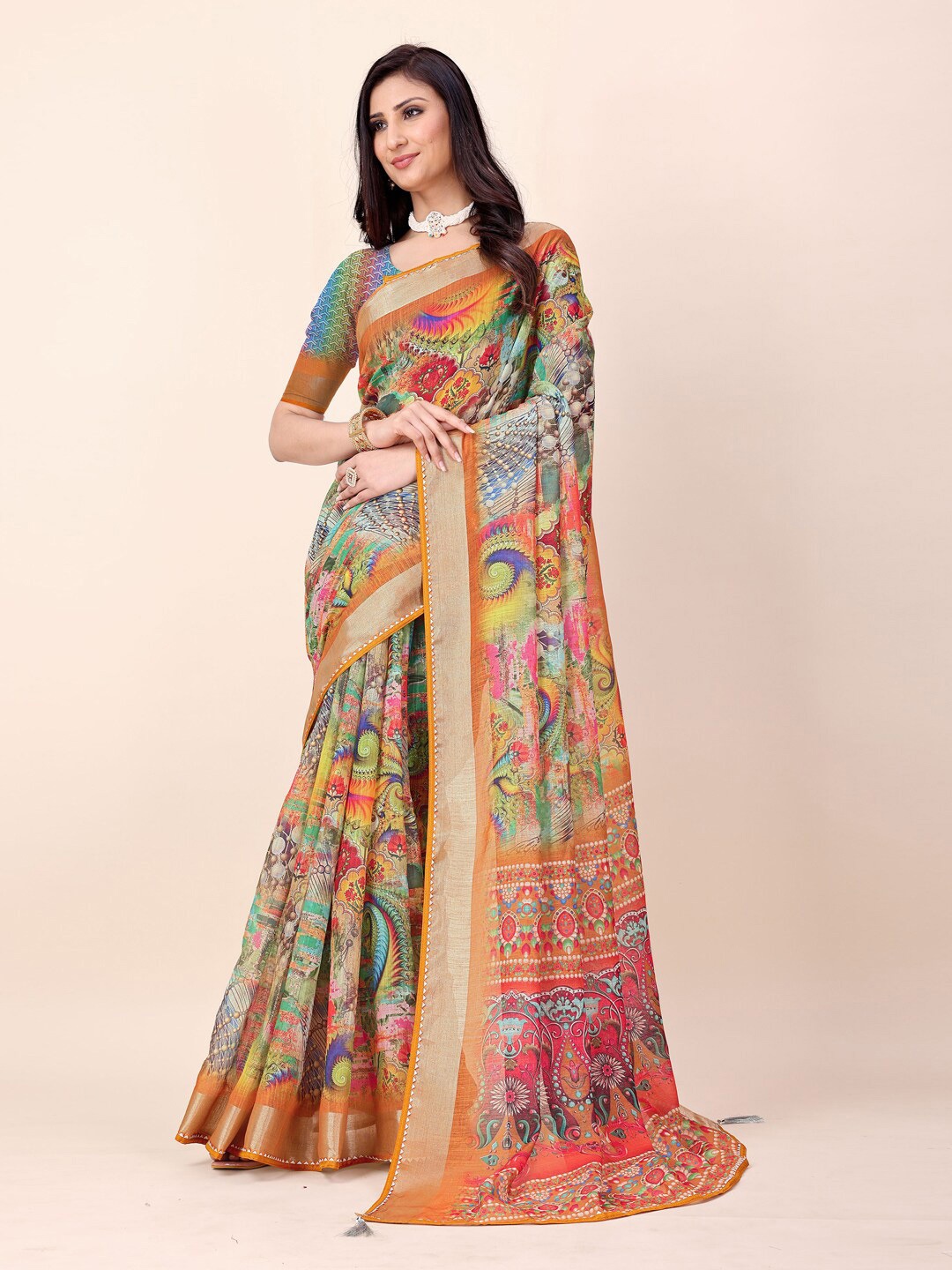 

KANOODA Ethnic Motifs Printed Zari Linen Saree, Orange