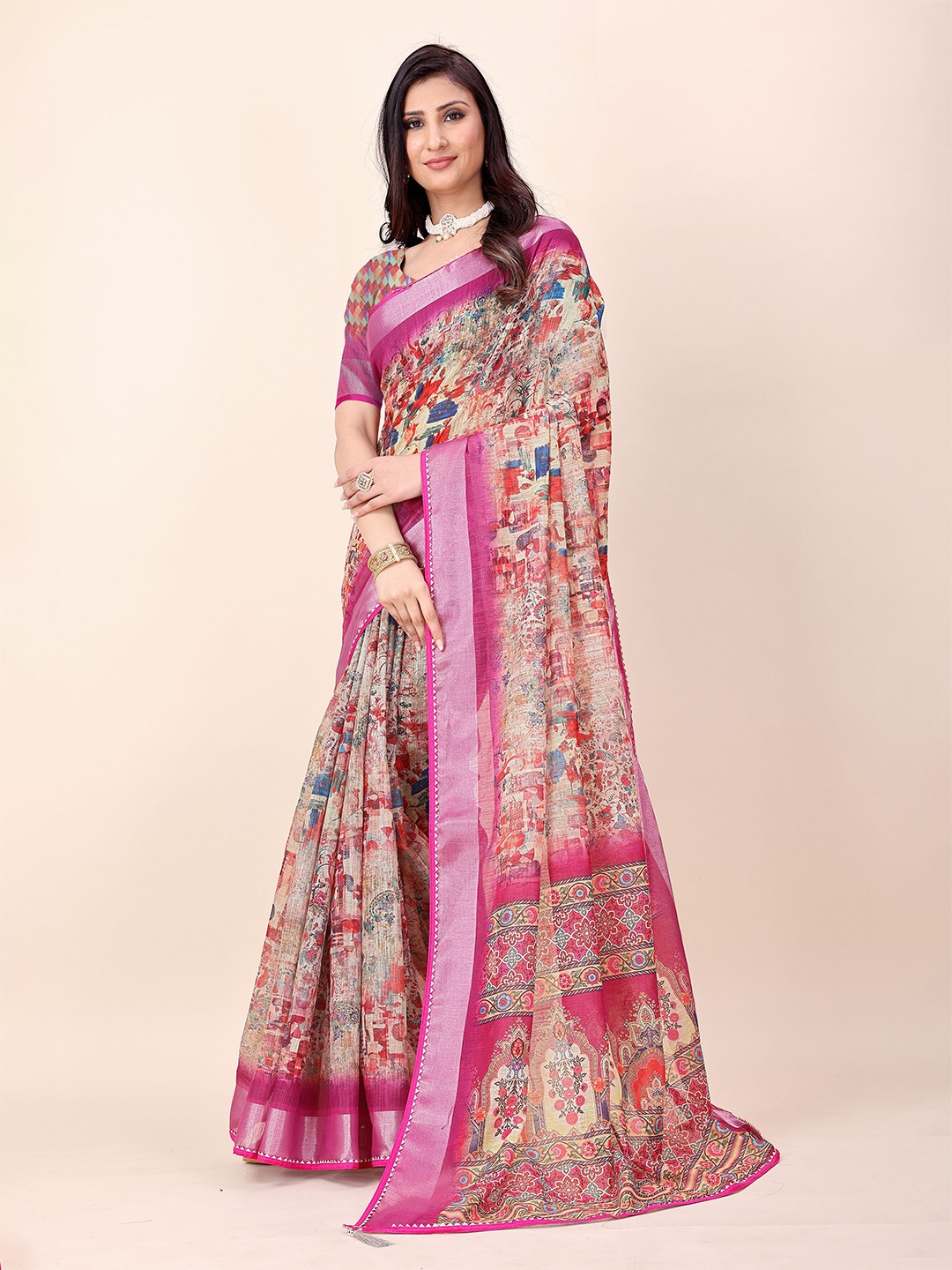 

KANOODA Floral Printed Zari Linen Saree, Cream