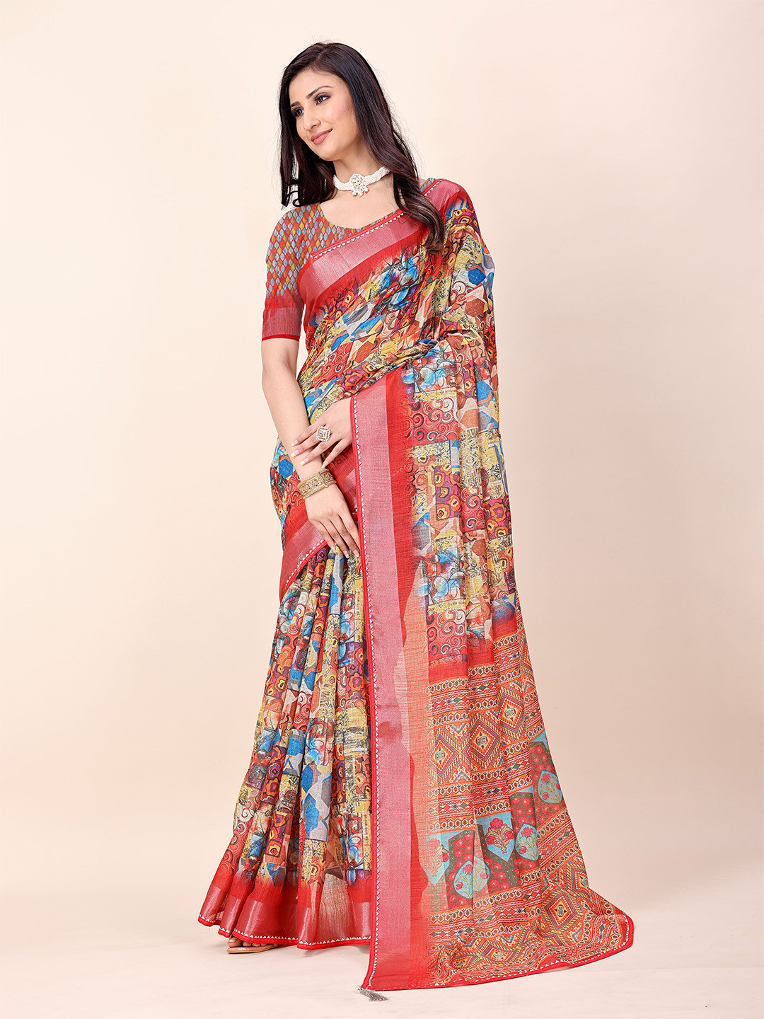 

KANOODA Geometric Printed Zari Saree, Pink
