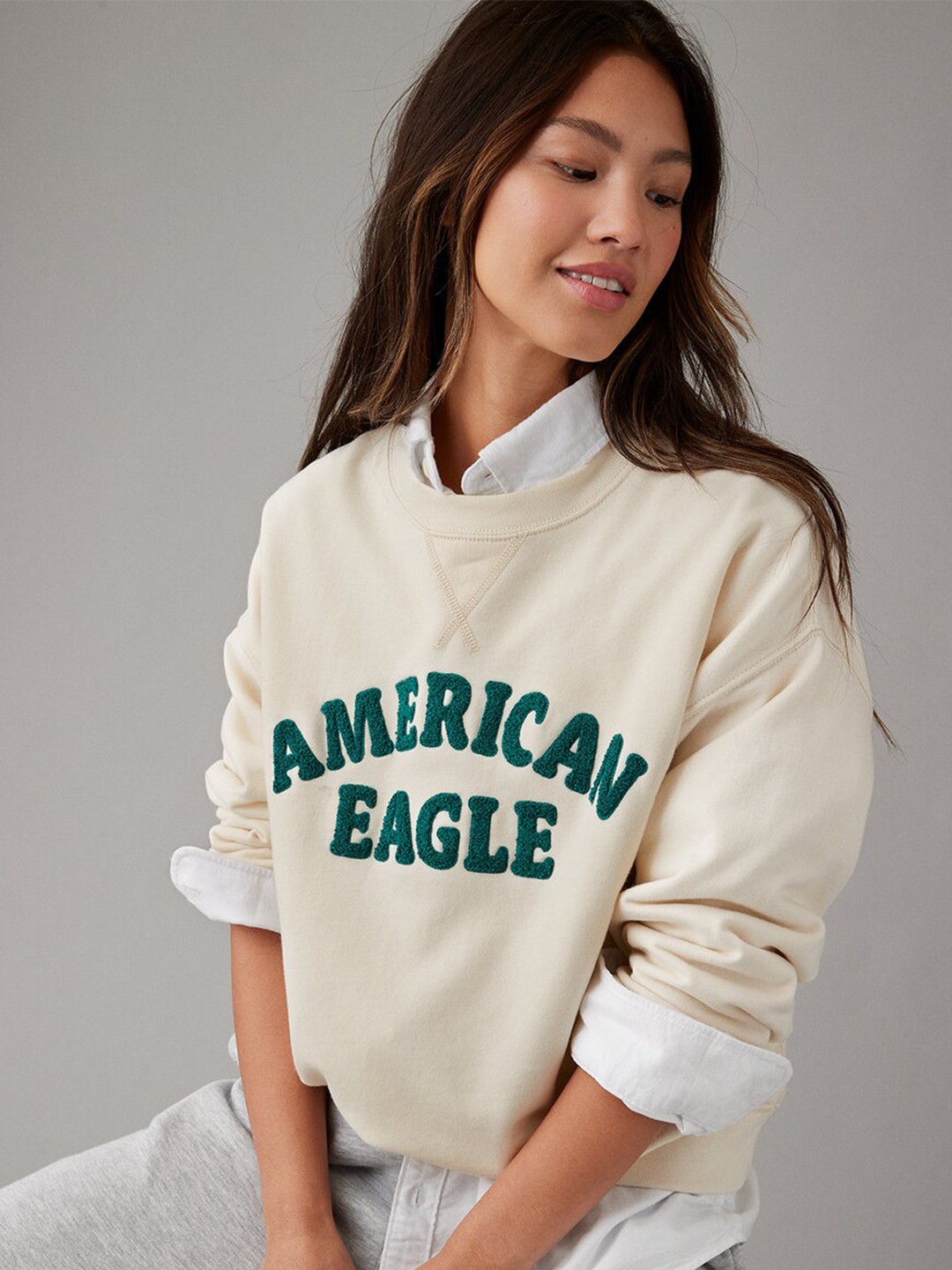 

AMERICAN EAGLE OUTFITTERS Typography Printed Pullover Sweatshirt, Beige