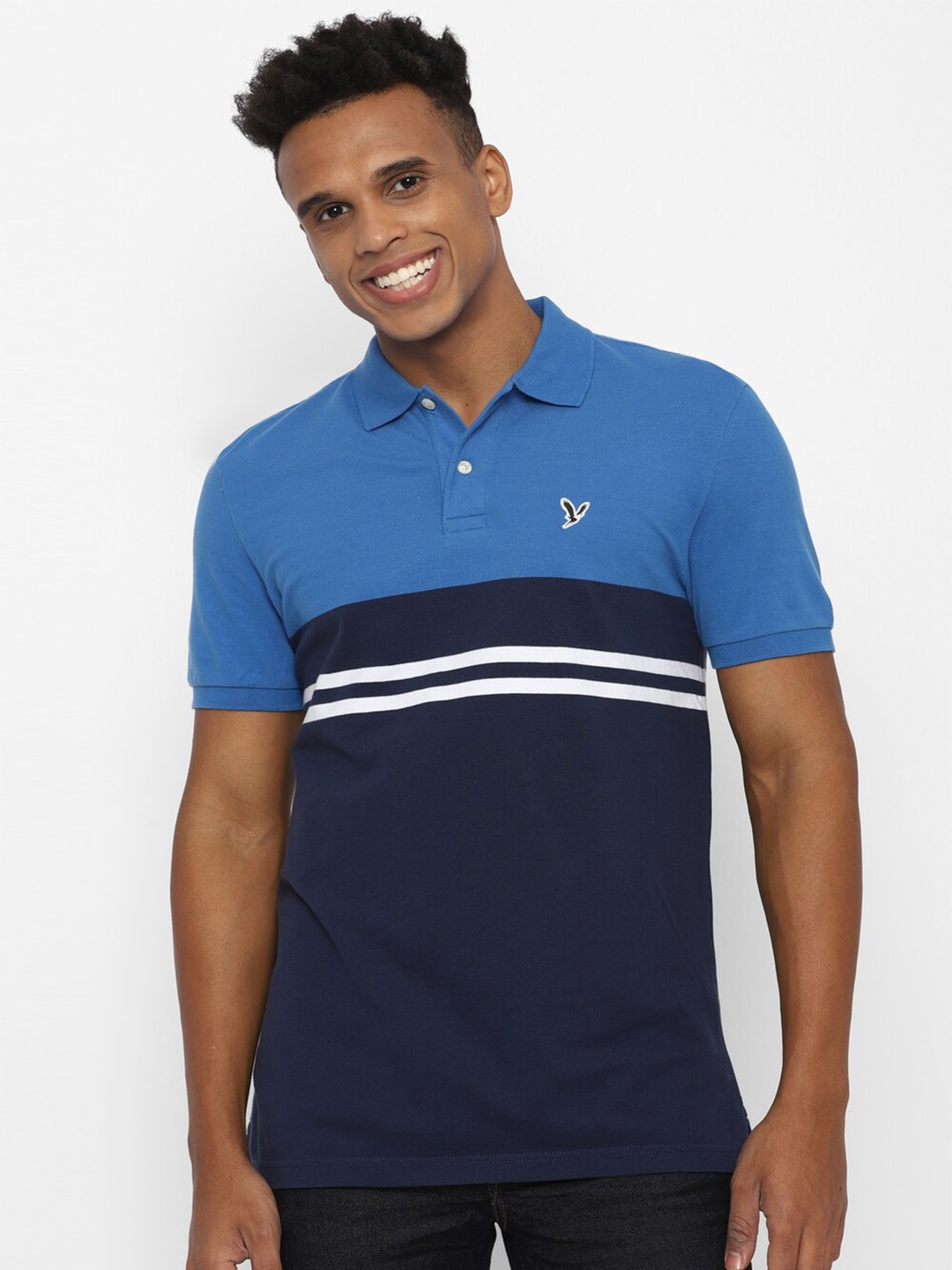 

AMERICAN EAGLE OUTFITTERS Striped Printed Polo Collar Cotton T-shirt, Navy blue