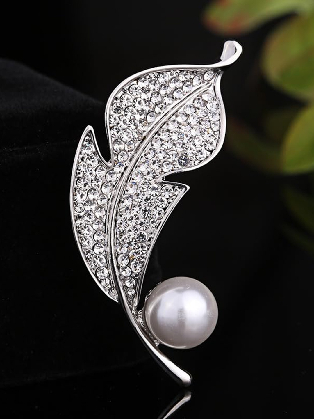 

SYGA Stone & Pearl Studded Leaf Shape Statement Brooch, Silver