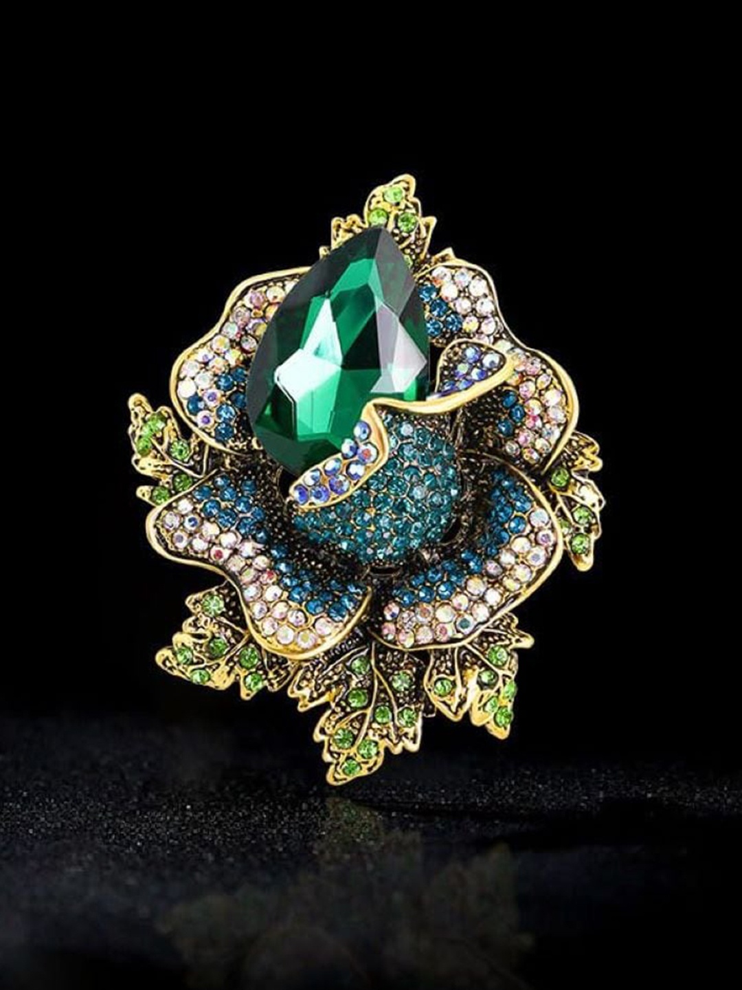 

SYGA Crystal Studded Floral Design Brooch, Green