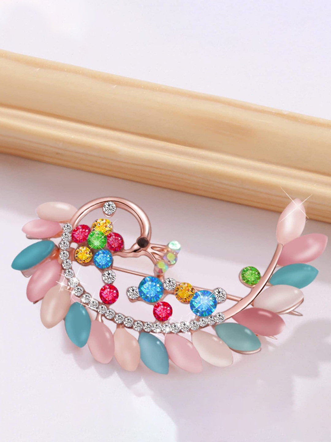 

SYGA Artificial Stone Studded Peacock Tail Shape Statement Brooch, Pink