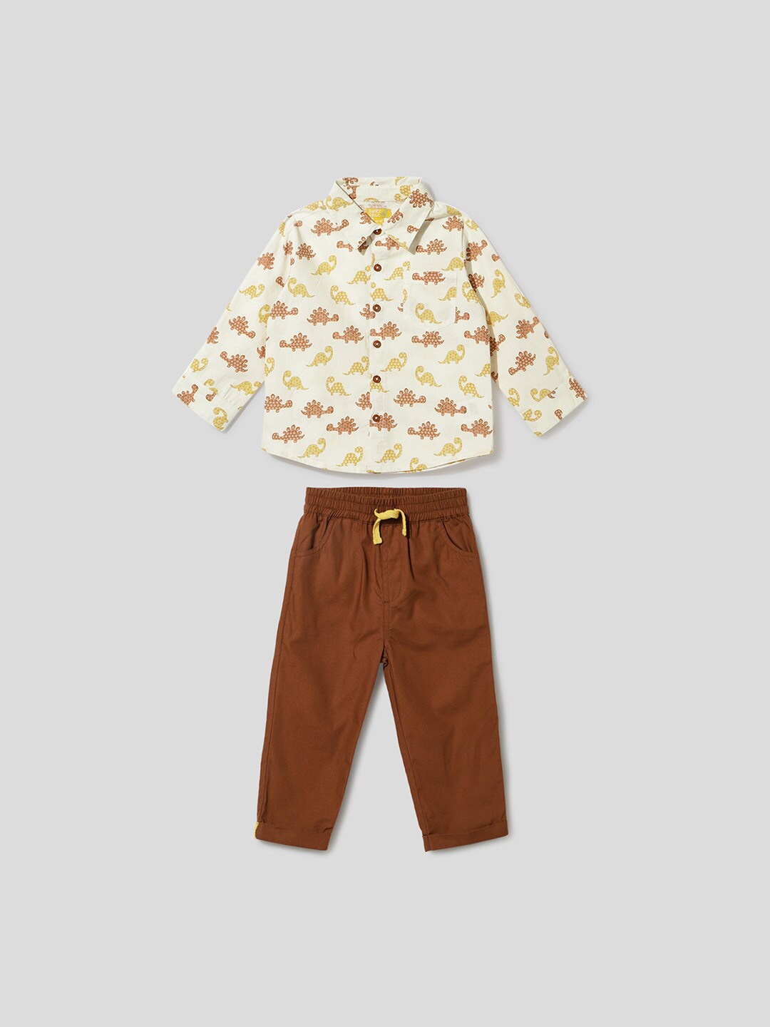 

Somersault Boys Conversational Printed Shirt Collar Pure Cotton Shirt with Trousers, Cream