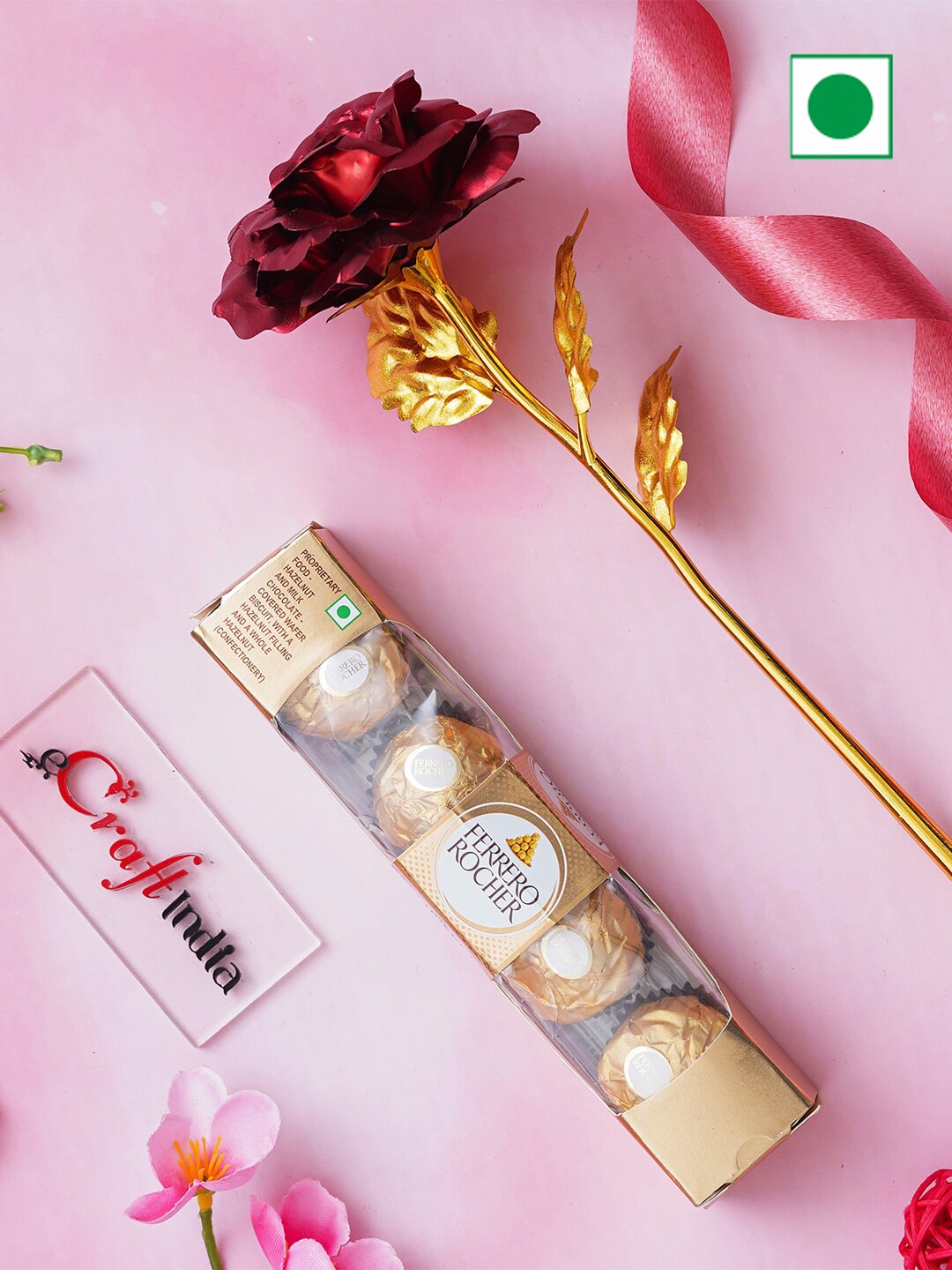 

eCraftIndia Golden Rose And Ferrero Rocher Chocolates Valentines Assorted Gifts, Gold