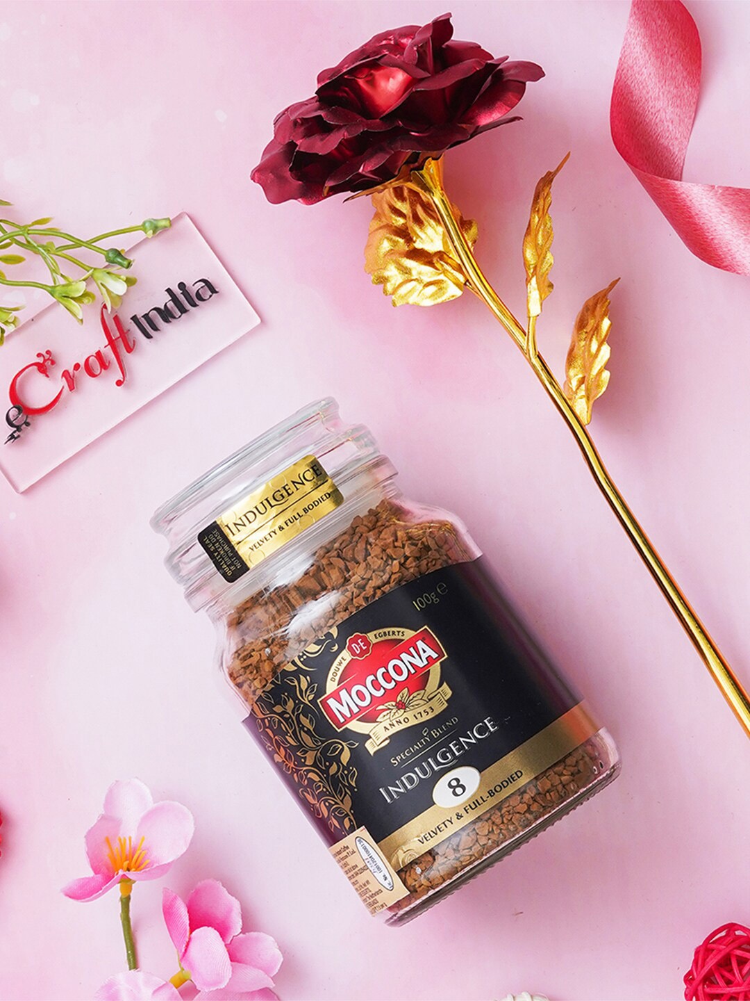 

eCraftIndia Golden Rose Valentine's Gift And Moccona Indulgence Instant Coffee, Red