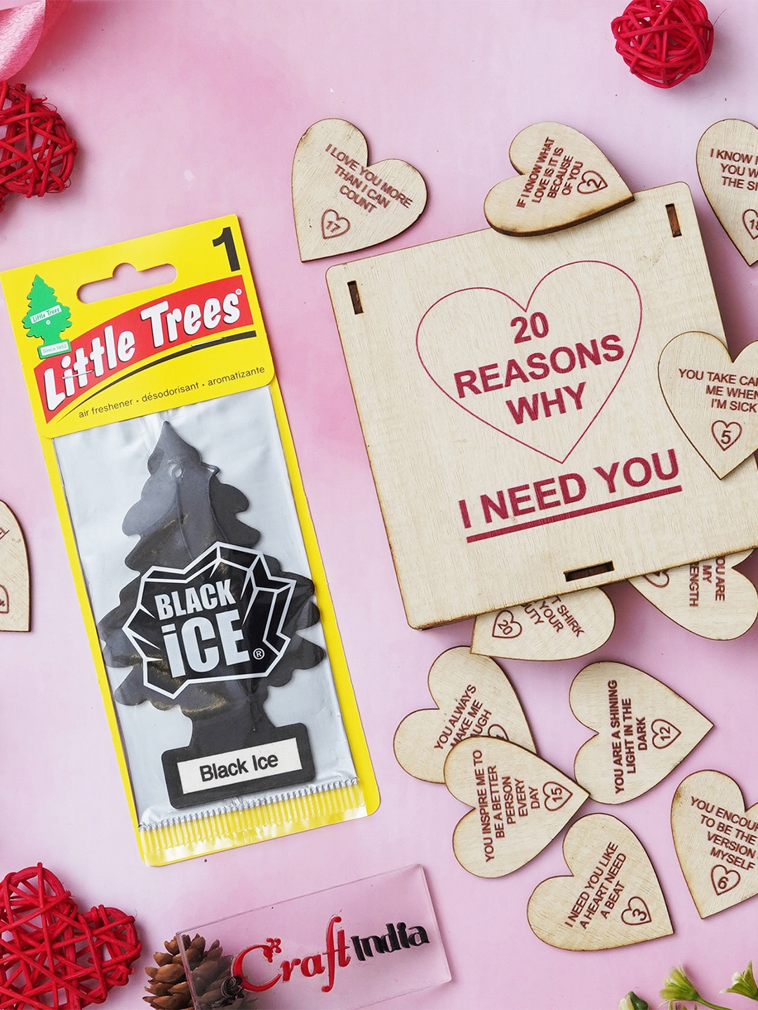 eCraftIndia White & Black 2 Pieces Wooden Valentine's Gift & Air Freshener, Brown
