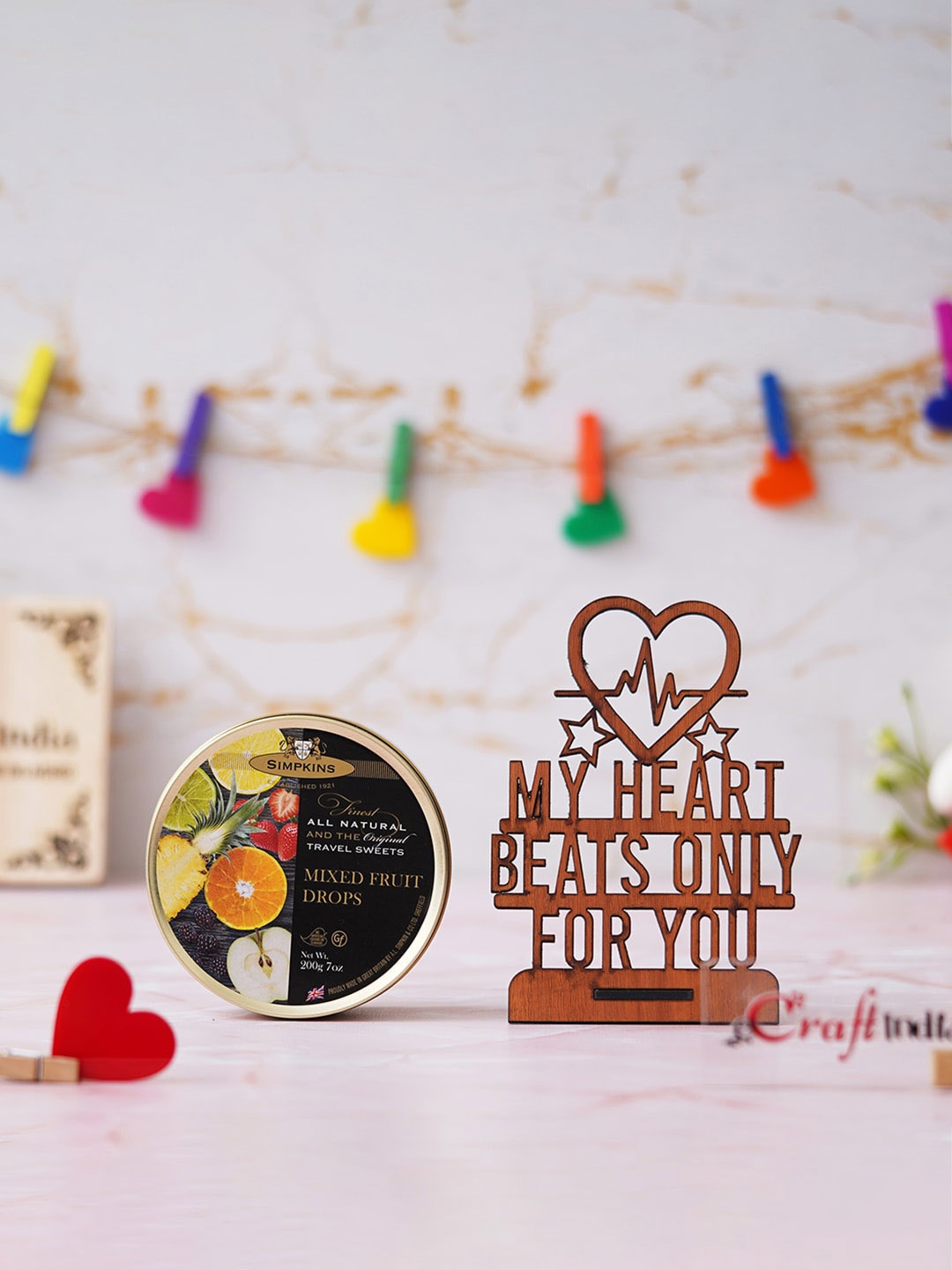 

eCraftIndia My Heart Beats Only For You Showpiece & Mixed Fruit Drops Candy Gift Set, Brown