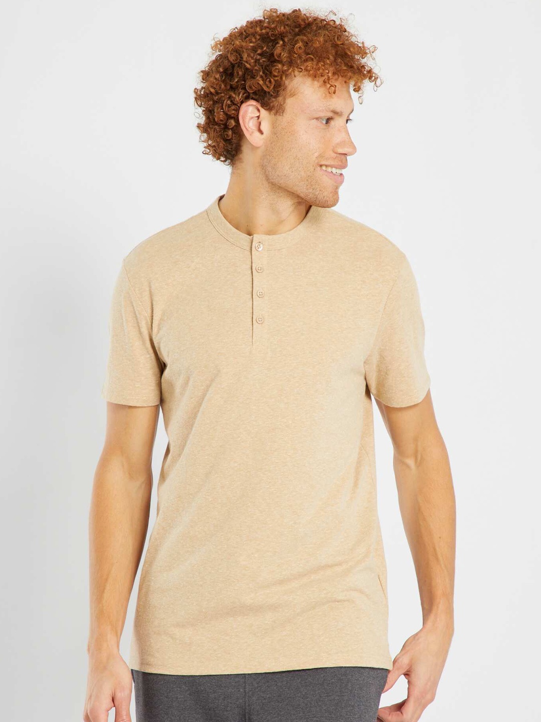 

KIABI Henley Neck Short Sleeves Cotton T-shirt, Beige