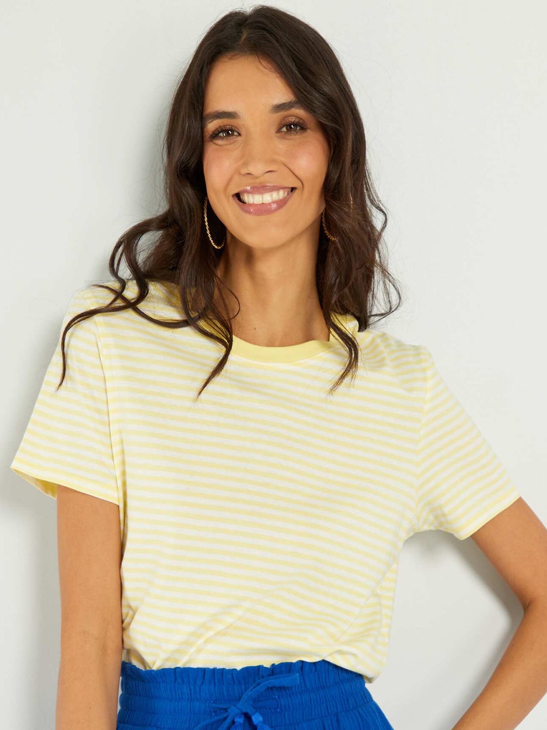 

KIABI Striped Round Neck Short Sleeves Cotton T-shirt, Yellow