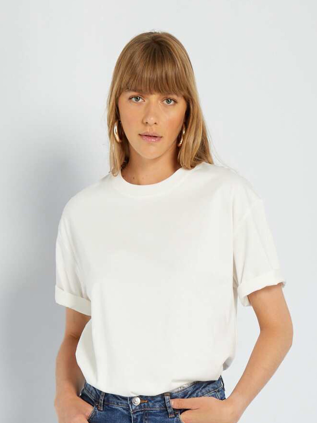 

KIABI Extended Sleeves Round Neck Casual Cotton T-shirt, White