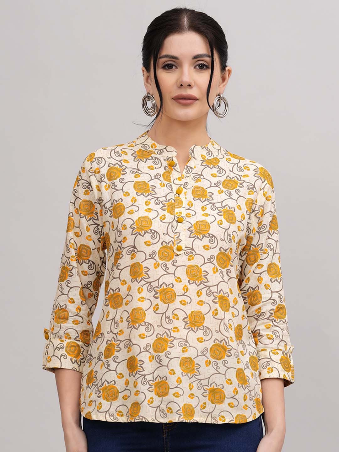 

JC4U Floral Print Puff Sleeve Top, Mustard