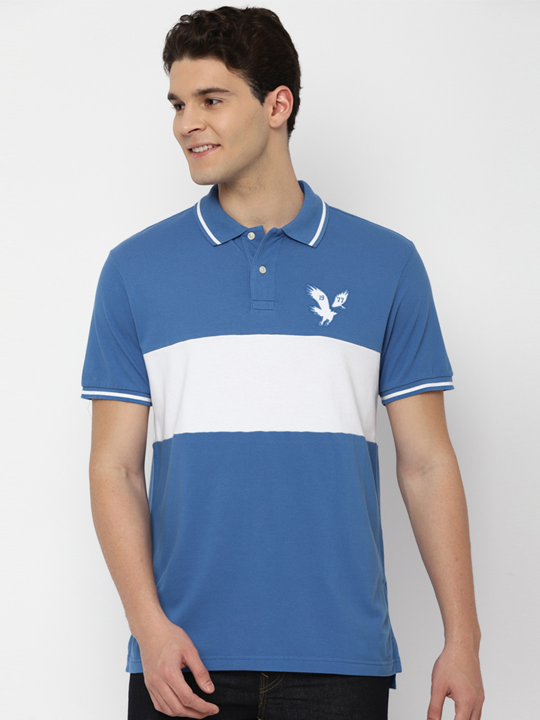 

AMERICAN EAGLE OUTFITTERS Colorblocked Polo Collar Cotton T-shirt, Blue