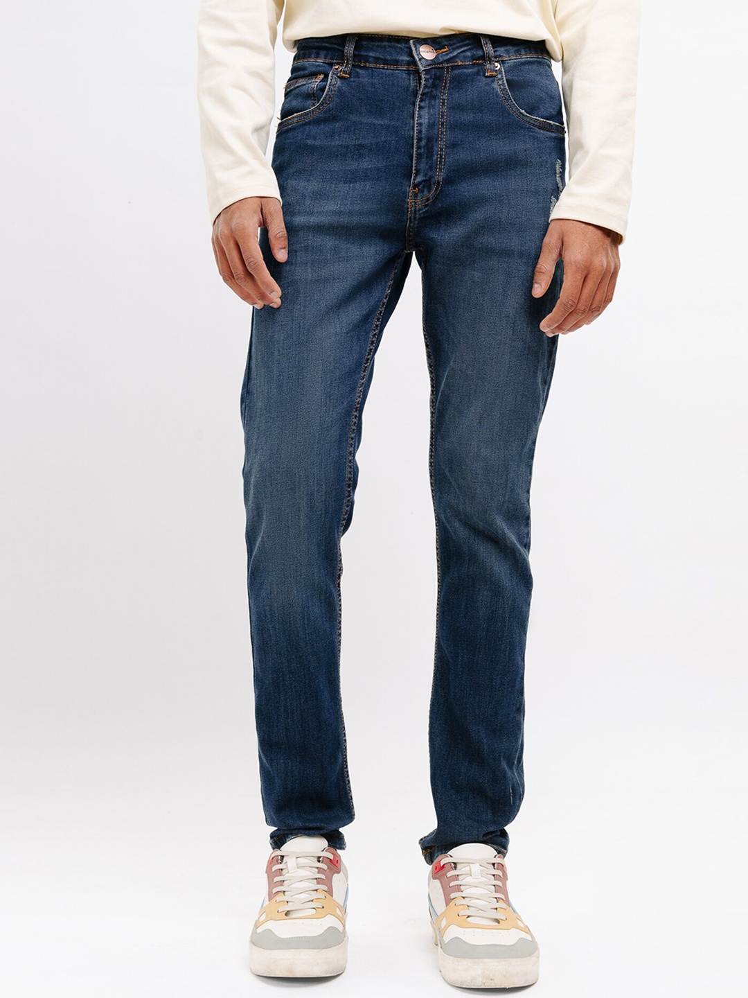 

FREAKINS Men Super Skinny Fit High-Rise Light Fade Low Distress Cotton Jeans, Blue