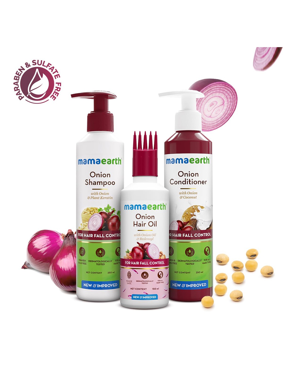 

Mamaearth 3-Pcs Onion Hair Oil-Shampoo & Conditioner Combo 250ml Each, White