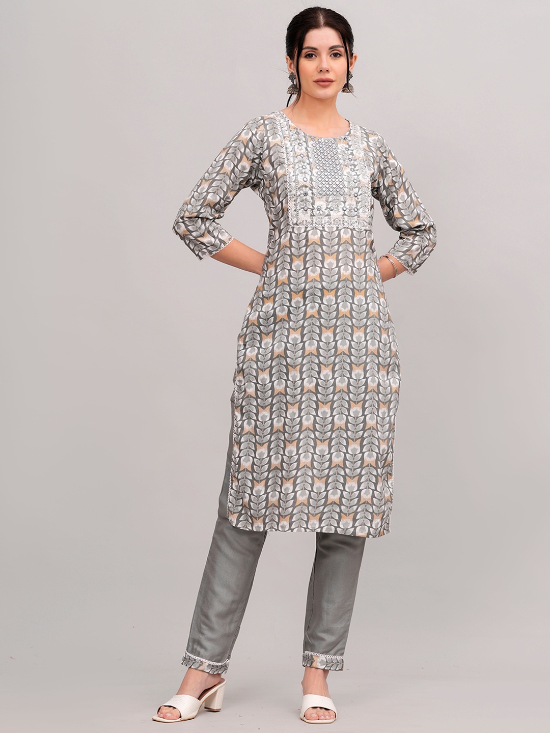 

KALINI Floral Printed Straight Mirror Work Kurta With Trousers, Grey