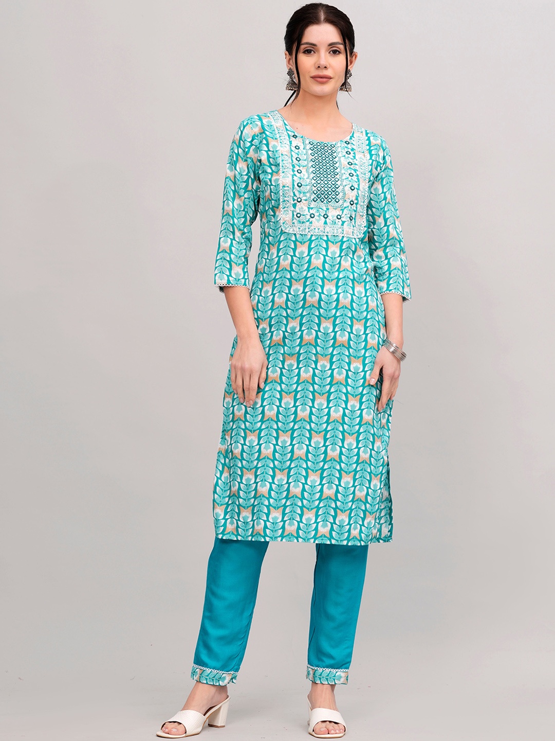 

KALINI Women Floral Printed Regular Mirror Work Kurta With Trousers, Turquoise blue