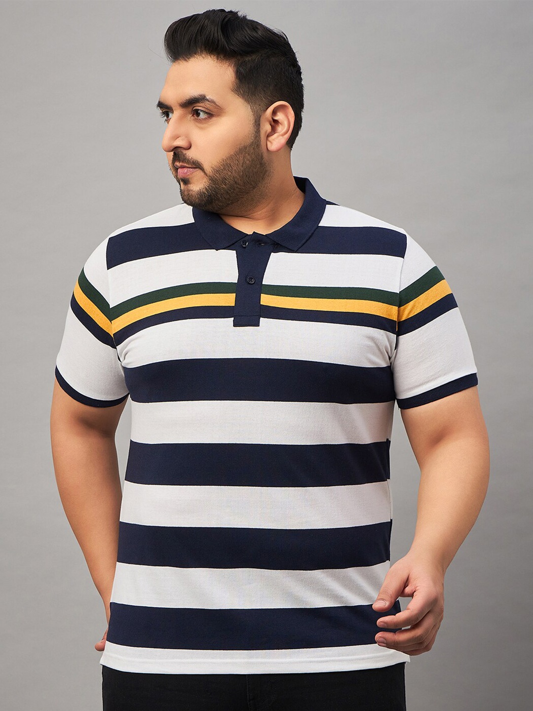 

AUSTIVO Plus Size Striped Polo Collar Cotton T-shirt, White