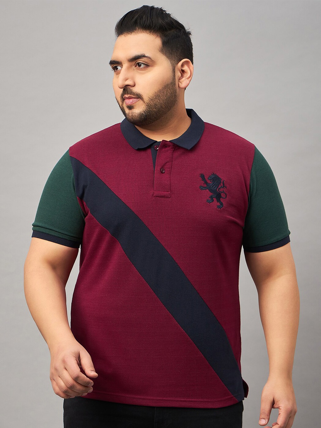 

AUSTIVO Plus Size Colourblocked Polo Collar Applique Cotton Regular Fit Casual T-shirt, Maroon