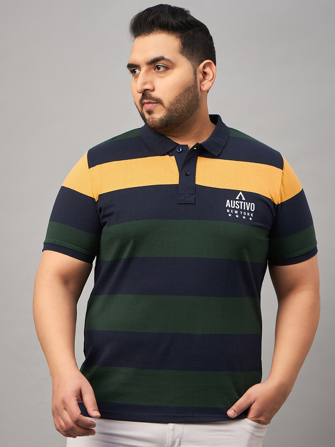 

AUSTIVO Plus Size Striped Polo Collar Cotton T-shirt, Navy blue