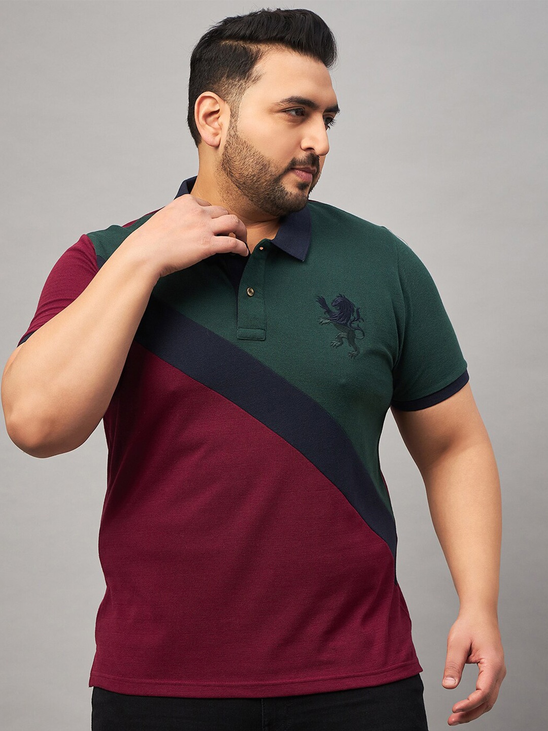 

AUSTIVO Plus Size Colourblocked Polo Collar Cotton T-shirt, Maroon