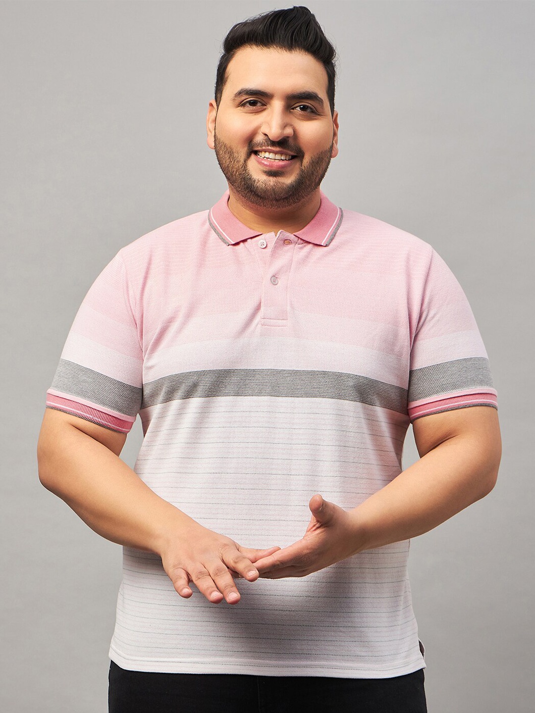 

AUSTIVO Plus Size Striped Polo Collar Cotton T-shirt, Pink