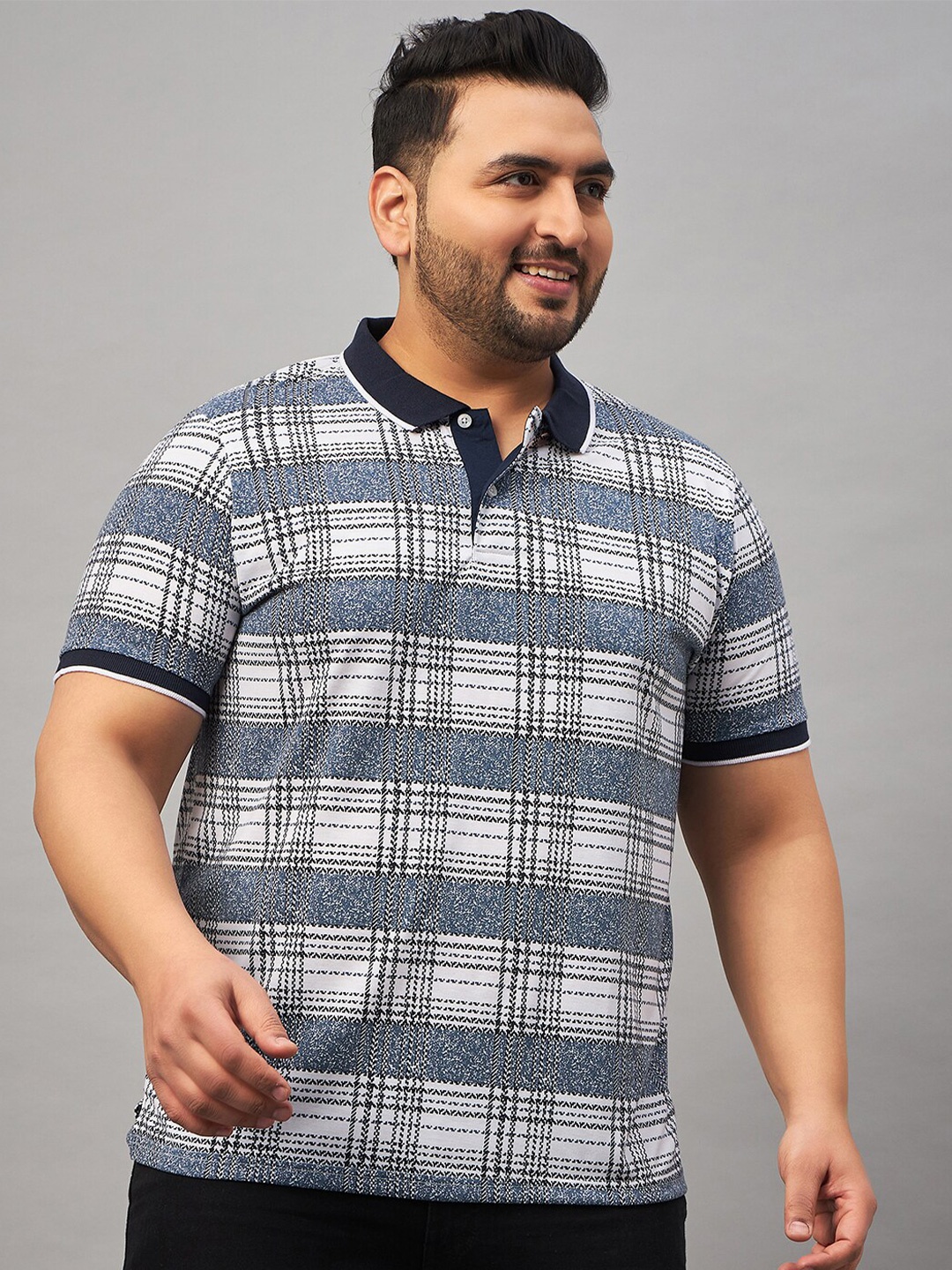 

AUSTIVO Plus Size Checked Polo Collar Cotton T-shirt, White